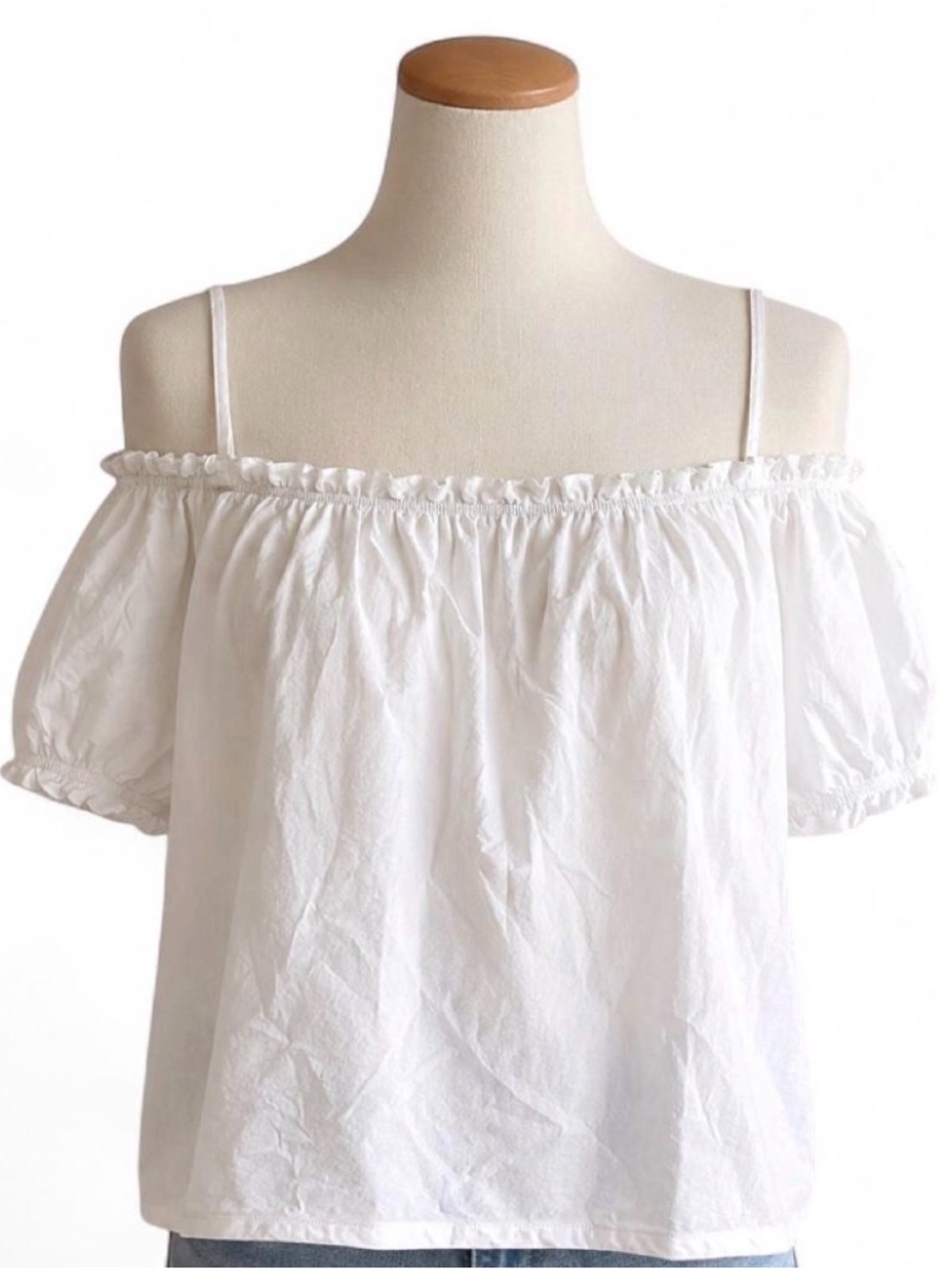 H&M White Off-Shoulder Cotton Blouse with Spaghetti Straps